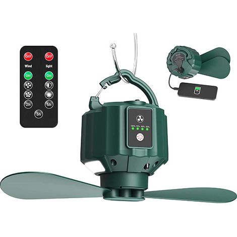 BEBUSINGOTO Ventilador de techo para camping, portátil, recargable por USB, de 5200 mAh, con control remoto, ideal para viajes, pesca, senderismo y barbacoas. (1/5)