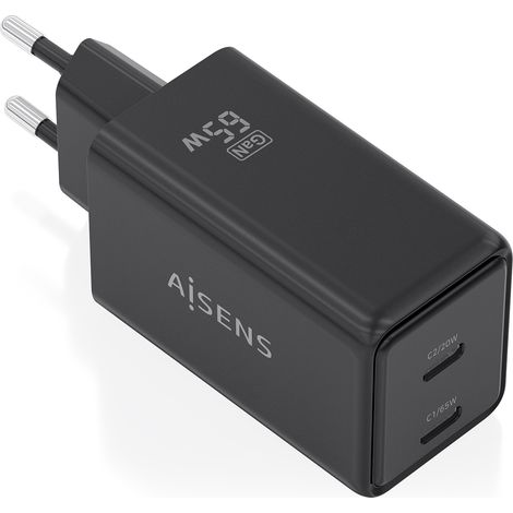 AISENS - CARGADOR GaN 65W, 2xUSB-C PD3.0 QC4.0, NEGRO