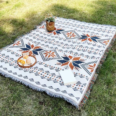 Couverture Jetable - Couverture Tricotée Boho avec Pompons - Pour Canapé Fauteuil Lit Extérieur Camping Plage - 130 x 180 cm - Polyestercoton - Multicolore (1/5)