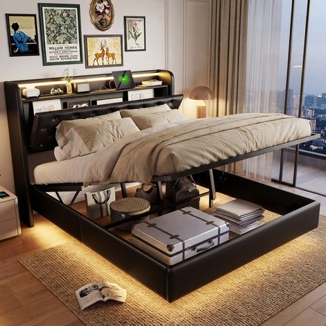 JOOKGBD‑Letto sospeso contenitore matrimoniale 160x200cm in pelle PU nero, testiera con vano stoccaggio, striscia LED RGB testiera e telaio, prese ricarica USB‑Type‑C, spina UE, telaio rinforzato (1/5)