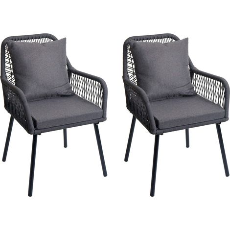 [NEUWERTIG] 2er-Set Gartenstuhl HHG-475, Outdoor Sitz-/Rückenpolster Aluminium Seilgeflecht Rope anthrazit, Bezug dunkelgrau
