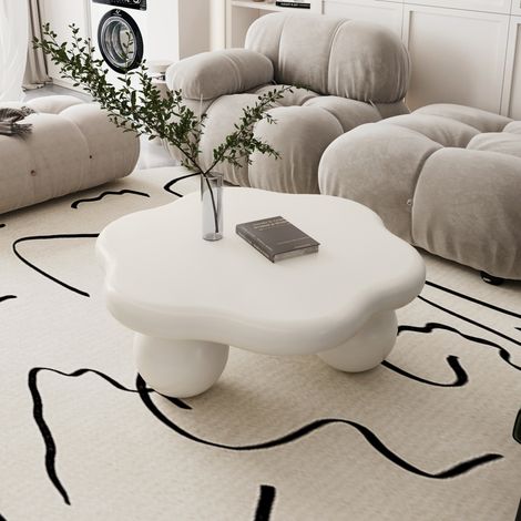 Mesa de centro de MDF blanco crema 80 x 80 x 35 cm, forma nube con patas esféricas (1/5)