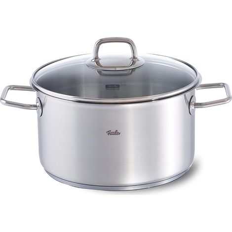 Faitout en Acier Inoxydable (5,7 l – Ø 24 cm) avec Couvercle en Verre, Échelle Graduée Intérieure, Bord Verseur, Compatible Induction, Économe en Énergie, pour Tous Types de Feu Y Compris l’Induction (1/2)