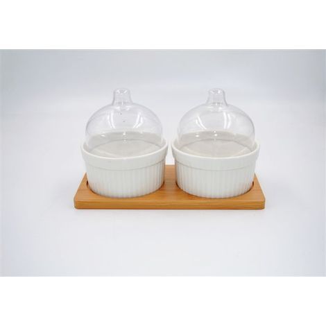Antipastiera Ciotoline in Ceramica con Base in Legno 2 Coppette con Coperchi (1/2)