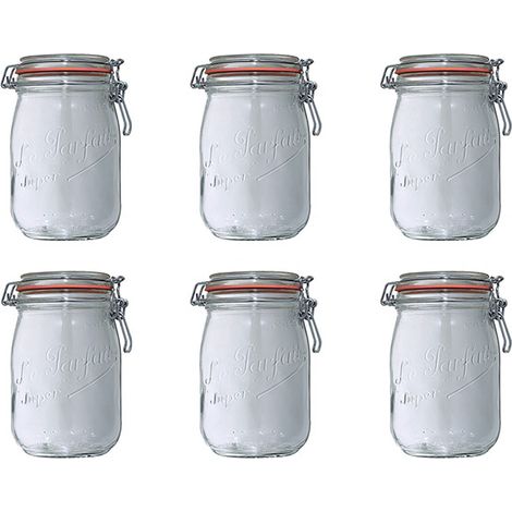 Lot de 6 bocaux en verre 1l – Diamètre 8,5 cm – Fermeture à canette – Conservation préparations maison – Le Parfait