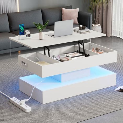 Table basse 100x50x40, design moderne table basse salon, plateau relevable, rangement intégré, LED intégrées, prises intégrées (1/5)