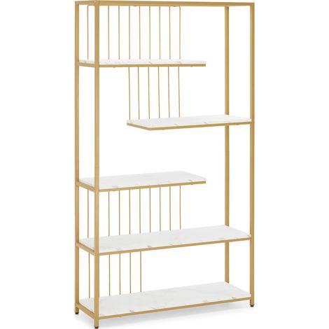 BarberPub Bücherregal, Standregal mit 5 Ebenen, Büroregal mit Metallrahmen, Regal für Büro, Wohnzimmer, Schlafzimmer, Küche, Nagelstudio, Marmor-Weiß Gold, 30x100x180cm, 5177 (1/5)