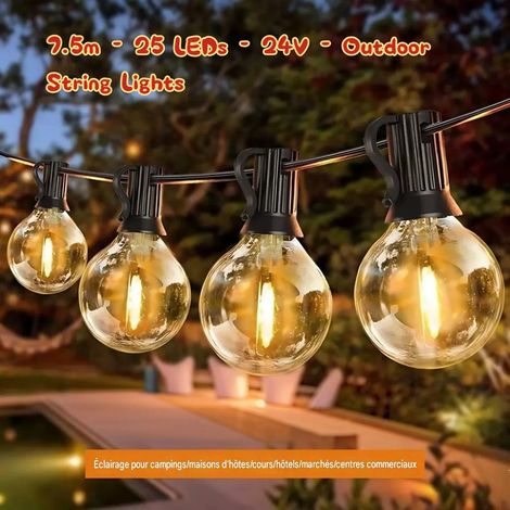 Guirlande lumineuse extérieure G40 7,5m 24V, 25 ampoules LED E12 filament, lumière chaude 2700K étanche pour jardin terrasse (1/5)