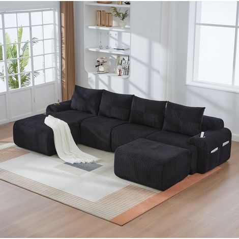 Sofa aus Cordstoff in Schwarz, modularer 4-Sitzer, 333x174x80 cm, mit Cupholder und Seitentasche (1/5)