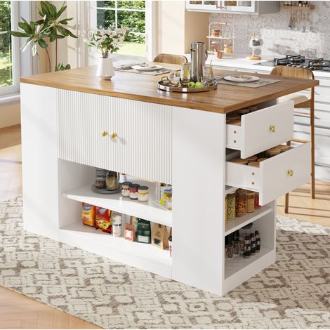 Isla de cocina 140/70/90 cm blanca con tablero abatible, cajones y estantes (1/5)