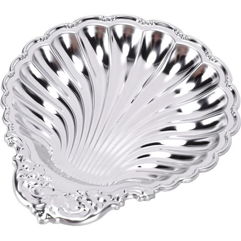 Plateau à Collations en Acier Inoxydable, Plateau de Service en Argent Poli au Design Coquillage Vintage avec Bords Festonnés pour Décor de Fête de Fruits et de Desserts (1/5)