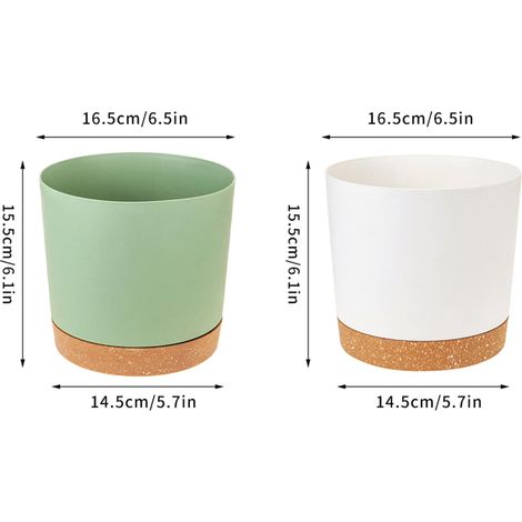 Pot de fleurs en plastique blanc et vert (16,5 cm) pour plantes, balcon, cour, bonsaï, avec drainage, plateau de jardin. (1/4)