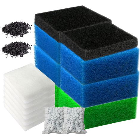 Ensemble de Mousse filtrante pour Aquarium, Kit de filtres Compatible Bioflow 3.0 M, 2X Bleu Grossier, 2X Bleu Fin, 2X Vert, 2X Filtres à Charbon, 2X Anneaux en Céramique, 6X Laine Filtrante (1/5)