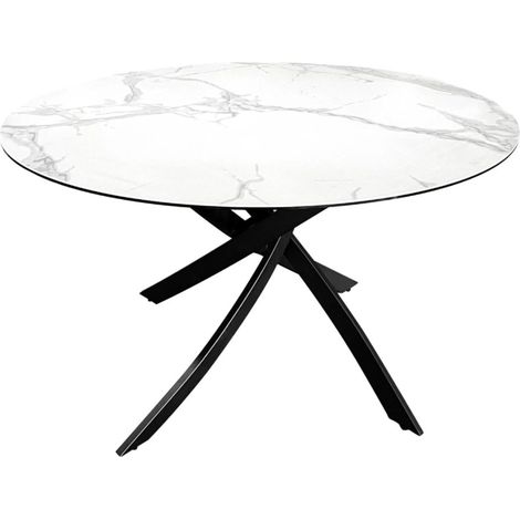 Table de salle à manger ronde ARAVIS 120 cm – Céramique effet marbre blanc et piètement métal noir design (1/5)