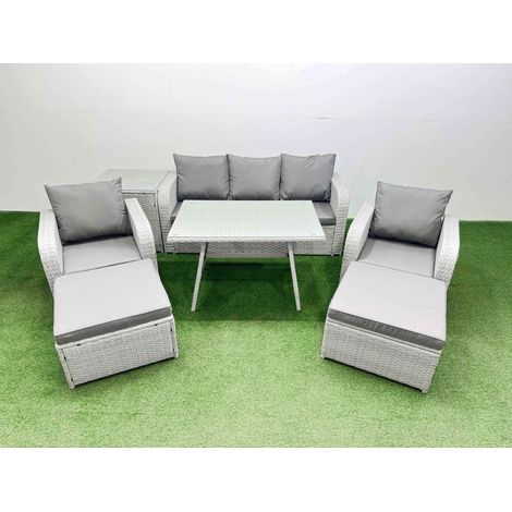 Fimous Reclining Chair 3 Seat Sofa Set Garden Furniture Set with Rectangular Dining Table Side Table 2 Big Footstools Light Grey (1/4)
