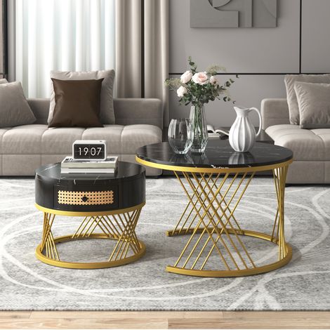 Table basse 2 en 1 ronde en MDF avec tiroir, effet marbre, noir et doré HAVRYA (1/5)