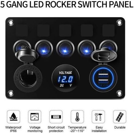 5 Gang Panneau de Interrupteur à Bascule 12V 24V Interrupteur à Bascule Panneau Tableau Electrique Bateau RV Camping-Car (Bleu)