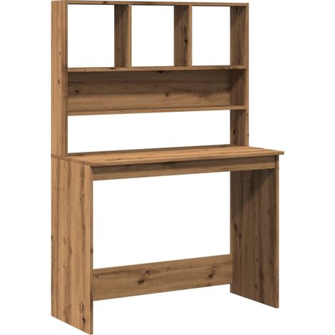 Bureau table poste de travail meuble d'ordinateur informatique étude avec étagères chêne artisanal bois d'ingénierie brun