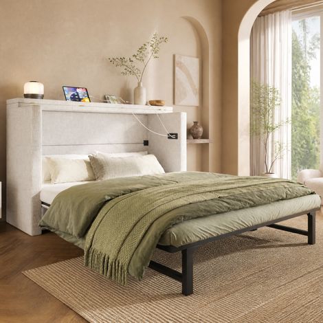 Schrankbett 140x200 cm beige aus Leinen mit Schublade, USB- und Typ-C-Anschlüssen, mobil (1/5)