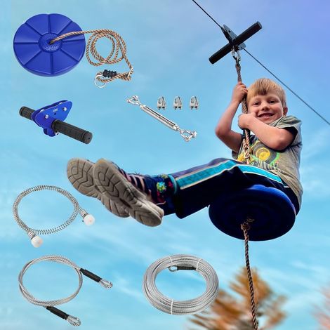 Jeu de jouets de jardin familiaux - Corde d'extérieur - Avec frein à ressort en acier inoxydable - Poulie de chariot - Cordes en acier et siège - Plaisir coloré (47 m) (1/5)
