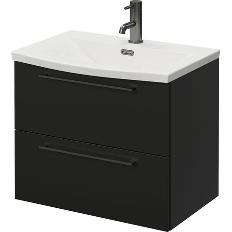 Napoli 390 Matt Black 600mm Wall Mounted 2 Drawer Vanity Unit with Arc Basin - 600mm - Gunmetal Grey 320mm Handle