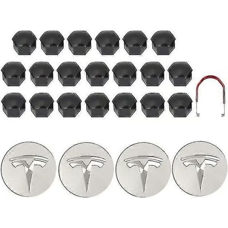 Kit de cache-moyeux pour Tesla Model 3 YSX, comprenant 4 cache-moyeux et 20 cache-écrous argentés brillants. (1/5)