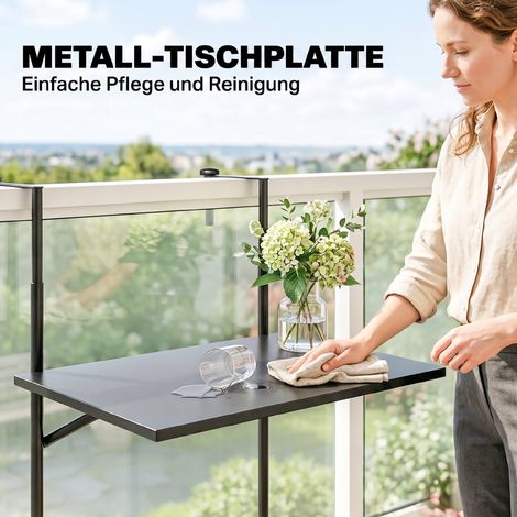 Table de balcon, pour rambarde 6-15cm épaisseur, réglable, métal inoxydable, 62x60x85,5cm, Noir (1/5)