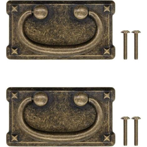 Lot de 2 poignées de tiroir anciennes pliables, design en fer bronze, pour portes coulissantes, commodes, cuisines, buffets, coffres, etc. vintage maison de campagne rétro (1/4)