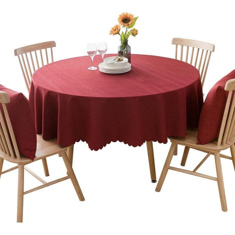 Nappe ronde coton lin 220cm rouge anti-taches pour table à manger & jardin