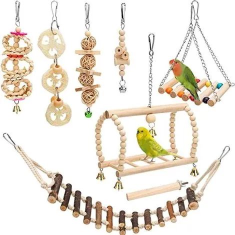 Lot de 8 jouets à mâcher en bois naturel pour oiseaux, accessoires de cage à plusieurs niveaux pour l'exploration et l'escalade des molaires chez les petits oiseaux (1/3)