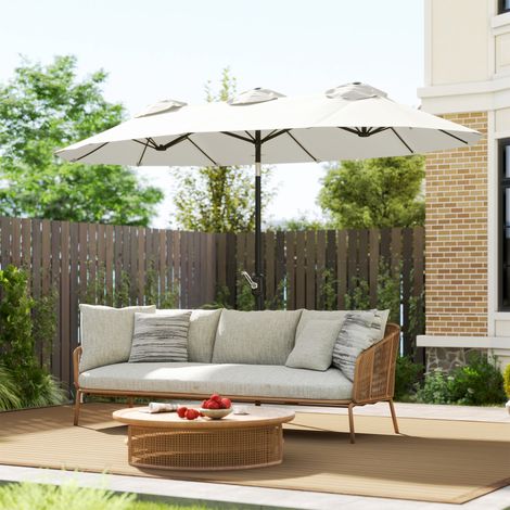 Parasol double de jardin 295 x 152 x 222 cm avec inclinaison à 45° et manivelle manuelle pour terrasse, balcon ou piscine, couleur crème (1/5)