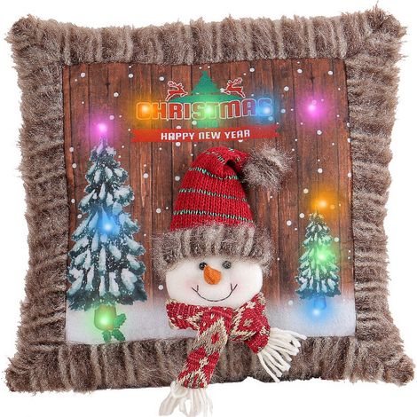 Taie D'oreiller Peluche Lumineuse Noël, Coussin Père Noël Et Bonhomme De Neige Design (1/2)