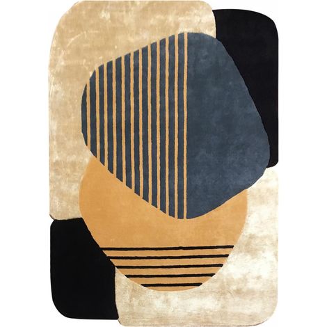 Tapis salon et chambre en laine 160x230 beige et bleu fait main (1/5)