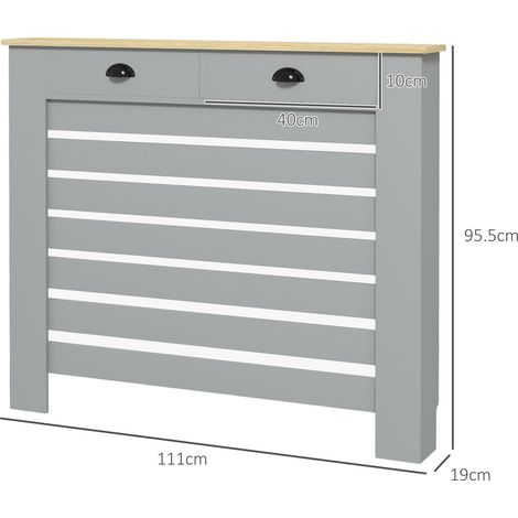 Cache-radiateur en MDF à lattes, avec grille et 2 tiroirs, 111 x 19 x 95,5 cm, gris (1/5)