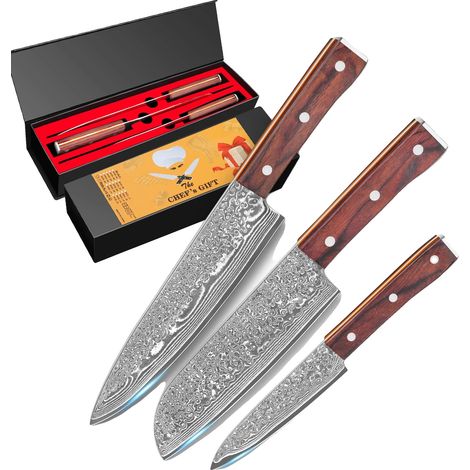 Juego de cuchillos de cocina, acero de Damasco, mangos ergonómicos de madera, D08-005, 33 cm (12,99 pulgadas) (1/2)