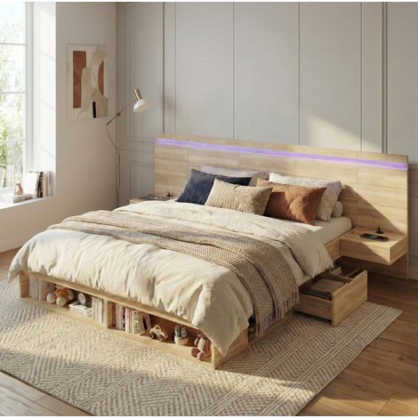 letto contenitore 180x200 con comodini LED USB naturale HAVRYA (1/5)