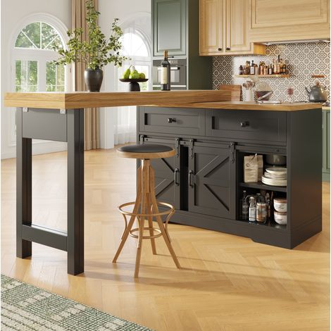 Isla de cocina y mesa comedor extensible 120-197x40x72 cm, giratoria 360°, MDF - negro (1/5)