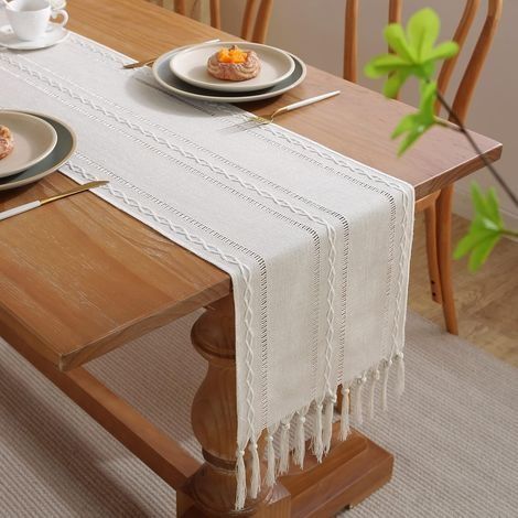Chemin de table bohème, avec pompons, 32 x 228 cm, style maison de campagne, pour décoration de table de ferme (1/5)