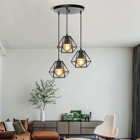 16cm Lustre Suspension Industrielle Cage Diamant E27 Suspension Luminaire Ajustable pour Couloir Entrée Escalier Salon 3 Tête avec Base Ronde (1/5)