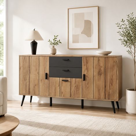 Sideboard 140 x 35 x 67 cm aus MDF in Schwarz und Holzoptik HAVRYA (1/5)
