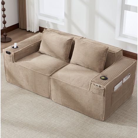 Sofá modular 2 plazas 188x90x75 cm caqui en pana acanalada con portavasos y bolsillos laterales (1/5)
