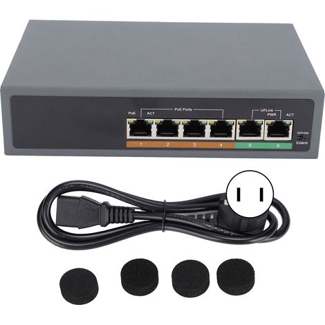 Kompakter, geräuschloser, lüfterloser 6-Port-PoE-Switch (100 Mbit/s) für Access Points, IEEE 802.3af/at, 100–240-V-Netzteil, US-Stecker