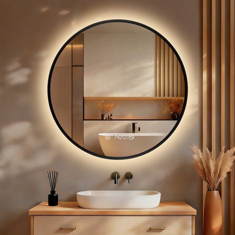 S'Afielina – Miroir lumineux de salle de bain rond 70 cm – Éclairage LED blanc neutre 4300K – Interrupteur tactile – Fonction anti-buée – IP44