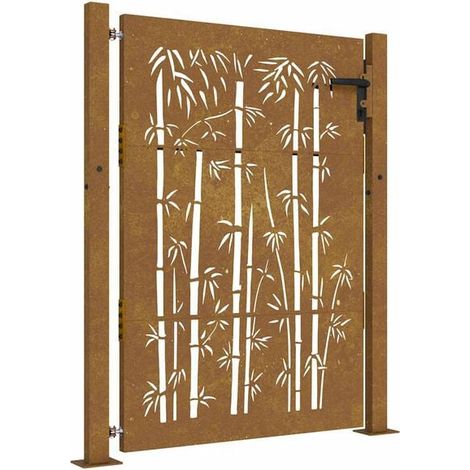 Le portail de jardin mesure 100x150 cm et est fabriqué en acier Corten et en bambou.