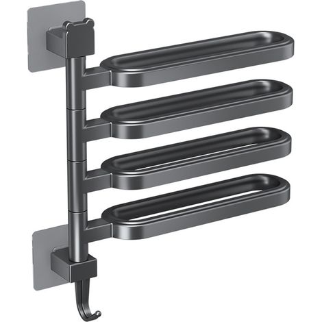 Porte-Serviettes Pivotant - Barre À Serviettes Sans Perçage - Avec Crochet Intégré - Étagère De Salle De Bain - Aluminium Noir - 33x30x2 cm - 1 Pièce (1/5)