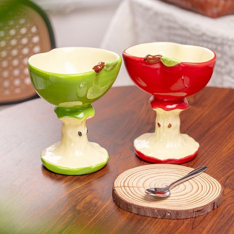 Ensemble de 2 tasses à crème glacée et à dessert en forme de pomme - Rouge et vert, céramique, avec une jolie base de tronc d'arbre, convient à la crème glacée, au pudding et aux fruits