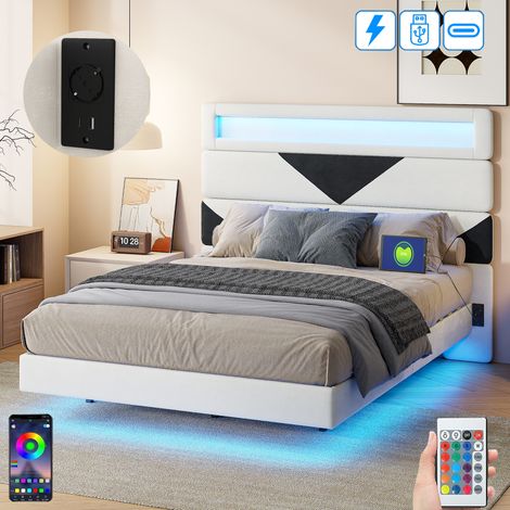 Lit adulte 160x200 cm, 2 places, avec LED, USB-A/C, tête de lit à motif triangulaire réglable, sommier à lattes en bois, Design, lit suspendu capitonné en velours - Beige