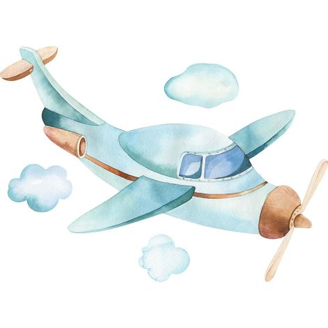 Tableau avion pour chambre d'enfant | Tableau bleu pastel & blanc idéal pour chambre bébé | Tableau sur toile pour chambre garçon 0,7 x 0,5 m (1/2)