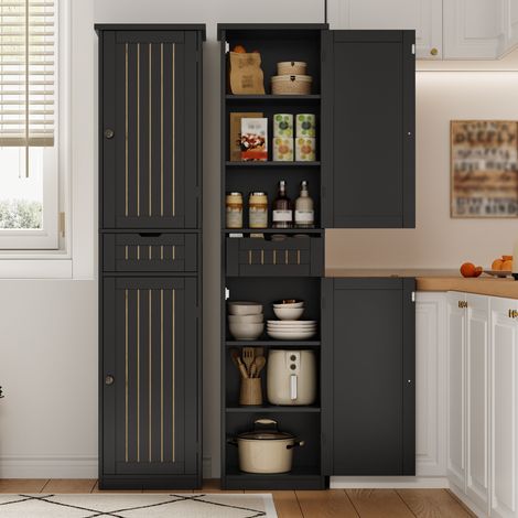Buffet armoire de cuisine haute 40x30x170 cm meuble rangement salon 2 portes 1 tiroir 4 étagères réglables grille rétro MDF noir (1/5)