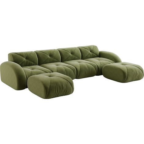 Divano modulare a U senza telaio, 4 posti, in ciniglia verde con 2 pouf, senza montaggio (1/5)